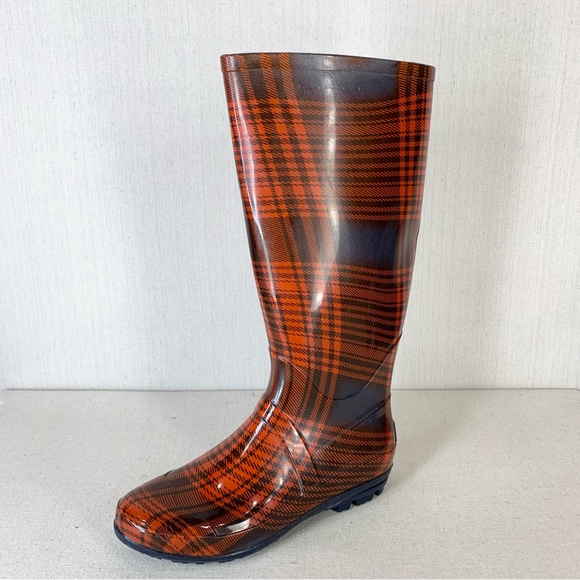 143 Girl~Women’s Red/Navy Tartan‎ Plaid Tall/Knee High Rubber Rain Boots~Sz 10 - Picture 1 of 12
